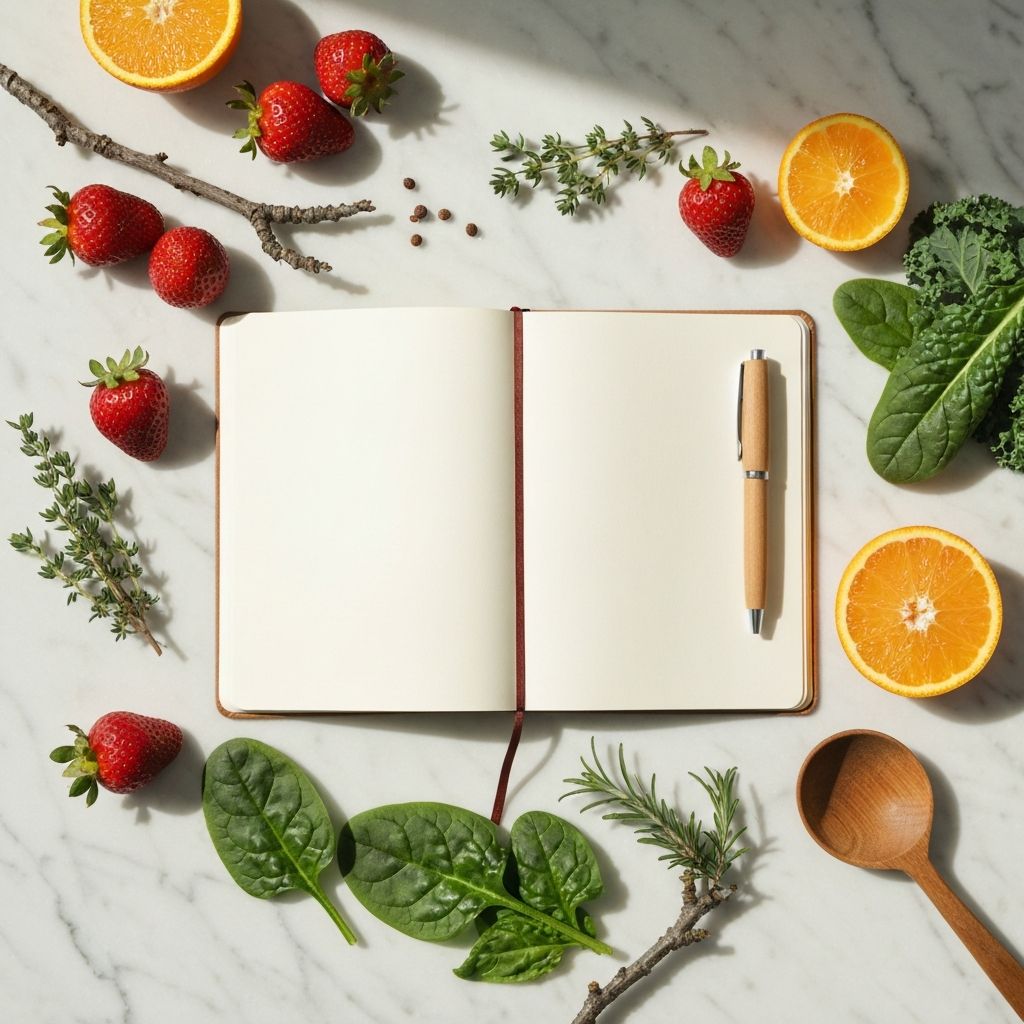 Notebook with fresh vegetables for learning