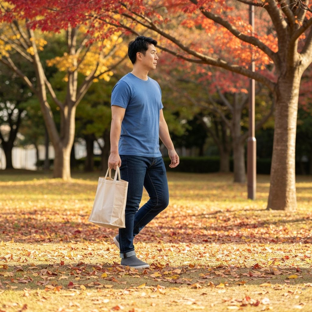 Person walking outdoors carrying reusable grocery bag