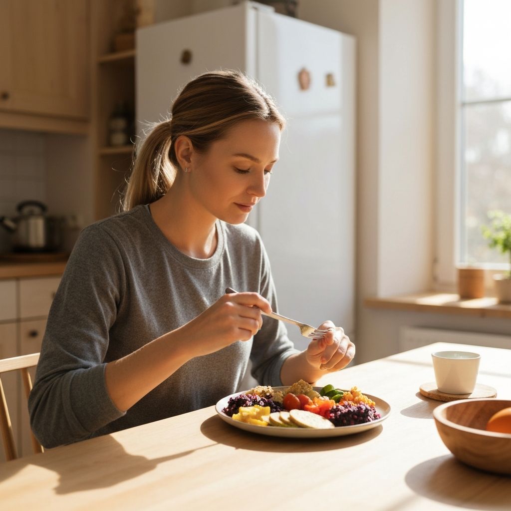 Person eating mindfully at table with nutritious meal